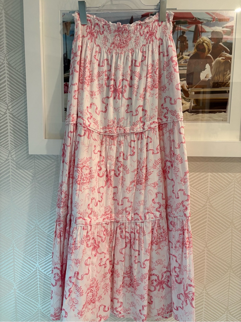 LoveShackFancy White Maxi Skirt with Pink Toile Print